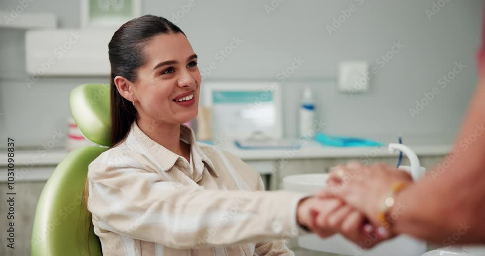 Handshake, smile and welcome with woman at dentist for cleaning, oral hygiene and checkup. Consulting, dental and healthcare advice with person at clinic for orthodontist, treatment and patient exam Handshake, smile and welcome with woman at dentist for cleaning, oral hygiene and checkup. Consulting, dental and healthcare advice with person at clinic for orthodontist, treatment and patient exam