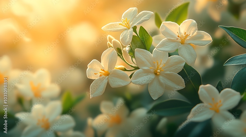 A close-up of delicate white flowers bathed in soft sunlight, evoking tranquility and beauty.