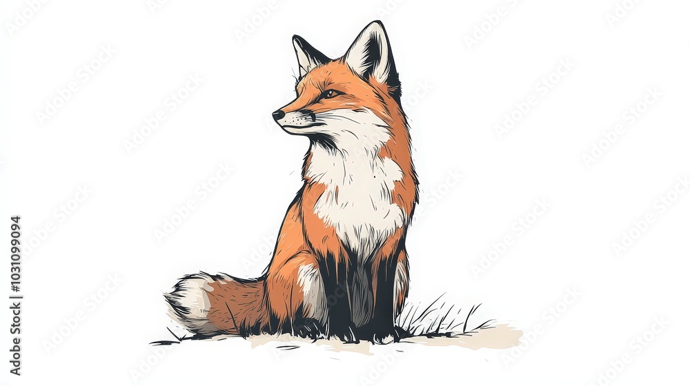 Fototapeta premium Minimalist Red Fox Doodle Tattoo in Cottagecore Style on White Background