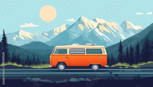 Vintage orange camper van on a mountainous road under a sunny sky, depicted in a flat design