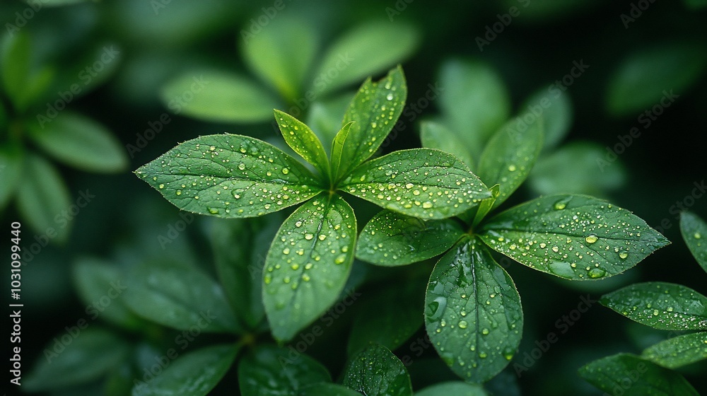 Close-up of green leaves with water droplets, showcasing nature's beauty and freshness. Close-up of green leaves with water droplets, showcasing nature's beauty and freshness.