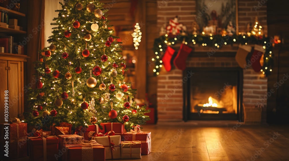 Festive Christmas tree decorated with glowing lights and ornaments in a cozy living room, with gifts underneath, copy space —ar 16:9 Festive Christmas tree decorated with glowing lights and ornaments in a cozy living room, with gifts underneath, copy space —ar 16:9