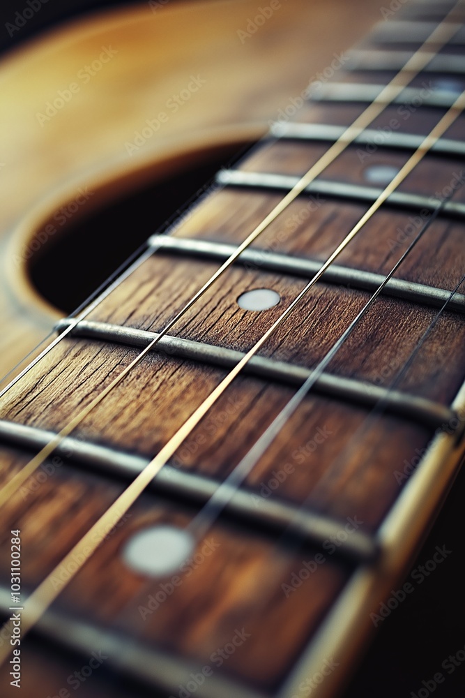 A detailed close-up of acoustic guitar strings aligned on the wooden fretboard, highlighting the craftsmanship and musical harmony. A detailed close-up of acoustic guitar strings aligned on the wooden fretboard, highlighting the craftsmanship and musical harmony.