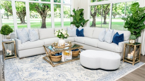 Elegant Living Room with Natural Light and Greenery