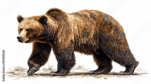 A detailed illustration of a walking bear in a natural setting.
