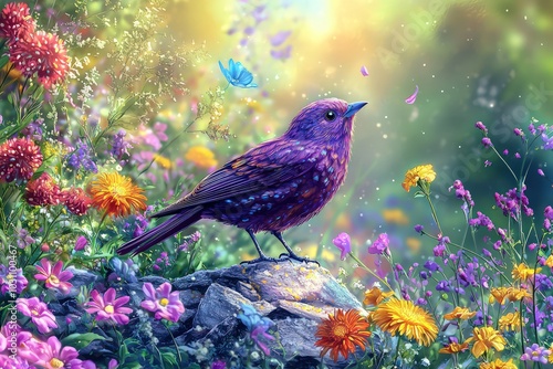 Whimsical purple bird amidst colorful flowers in a magical landscape, perfect for fantasy art or childrena??s illustrations. photo