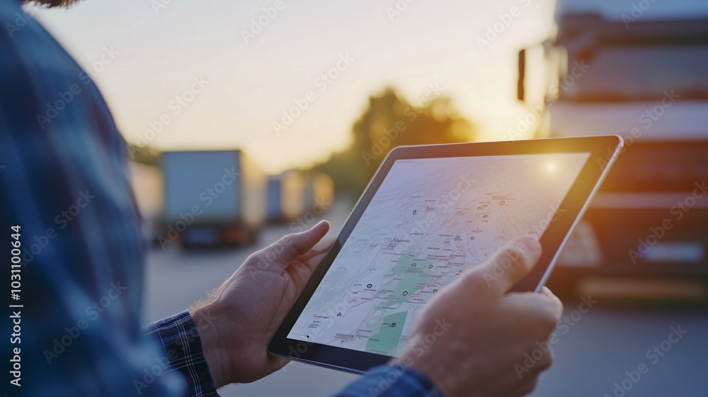 Fototapeta premium Zaawansowana technologia GPS na tablecie umożliwia precyzyjne zarządzanie flotą pojazdów w czasie rzeczywistym. To innowacyjne narzędzie wspomaga logistykę, pozwalając firmom efektywnie planować trasy