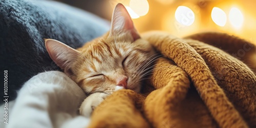 A ginger cat dreams snugly beneath a thick blanket, radiating feelings of warmth, rest, and peacefulness. photo