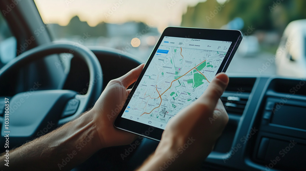 Fototapeta premium Zaawansowana technologia GPS na tablecie umożliwia precyzyjne zarządzanie flotą pojazdów w czasie rzeczywistym. To innowacyjne narzędzie wspomaga logistykę, pozwalając firmom efektywnie planować trasy