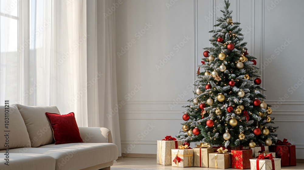 Festive Christmas tree decorated with glowing lights and ornaments in a cozy living room, with gifts underneath, copy space —ar 16:9 Festive Christmas tree decorated with glowing lights and ornaments in a cozy living room, with gifts underneath, copy space —ar 16:9
