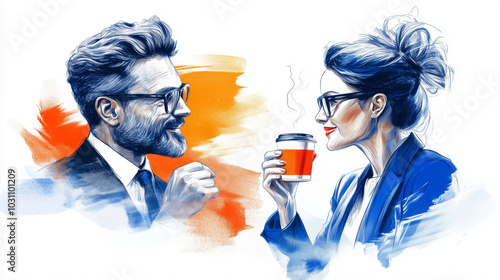 A businessman and businesswoman engage in an animated discussion while enjoying coffee, showcasing their vibrant, professional interaction, colorful pencil drawing.