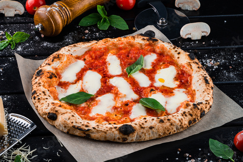 Obraz na płótnie Italian pizza Margarita with mozzarella, tomato sauce, spinach on a thick dough. w salonie
