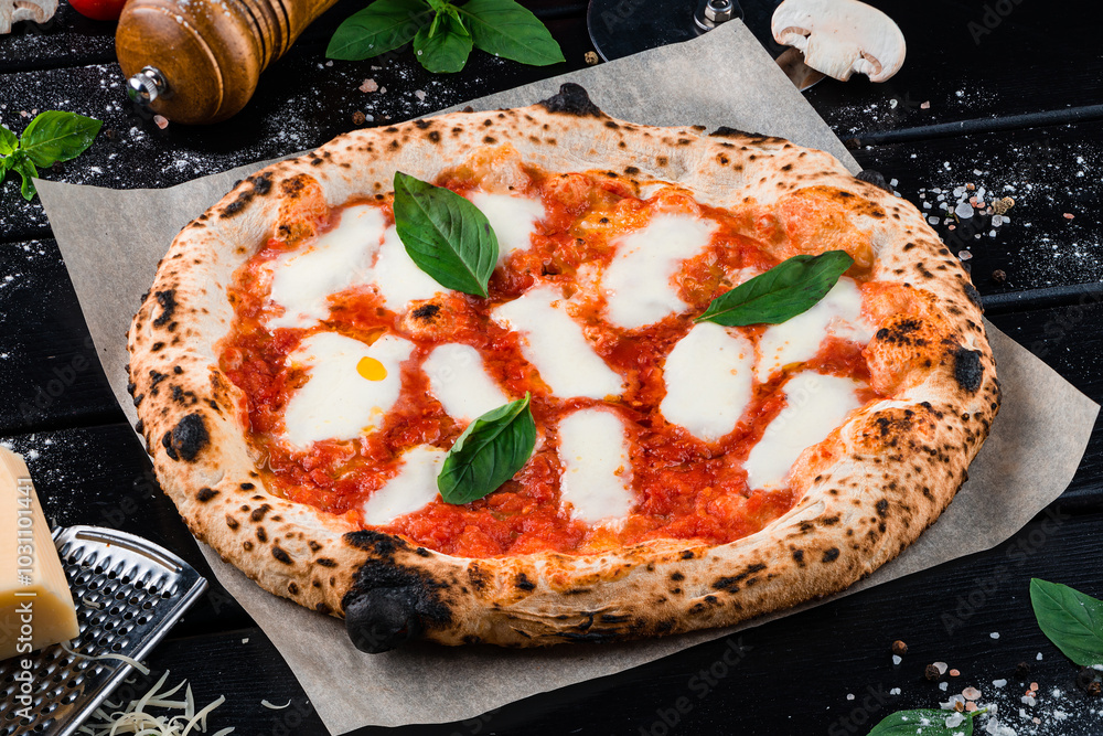 Italian cuisine pizza Margherita with mozzarella, tomato sauce, spinach on a thick dough.