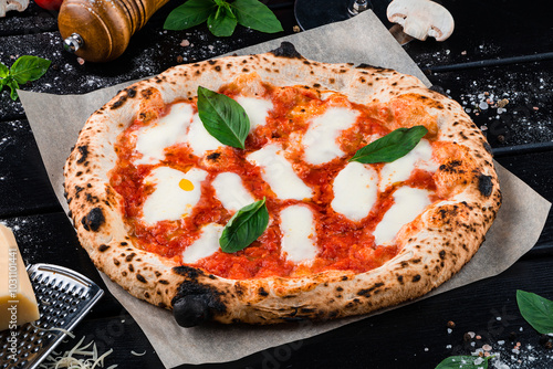 Obraz na płótnie Italian cuisine pizza Margherita with mozzarella, tomato sauce, spinach on a thick dough. w salonie