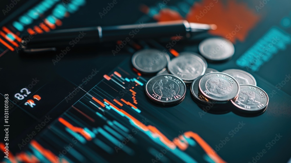 Coins and Pen on Financial Data Background Coins and Pen on Financial Data Background