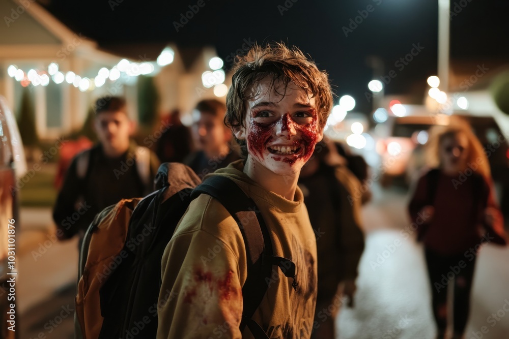 Obraz premium A cheerful teen with blood makeup is captured at an exciting night event, lit with vibrant holiday lights, embodying fun, joy, and youthful exuberance.