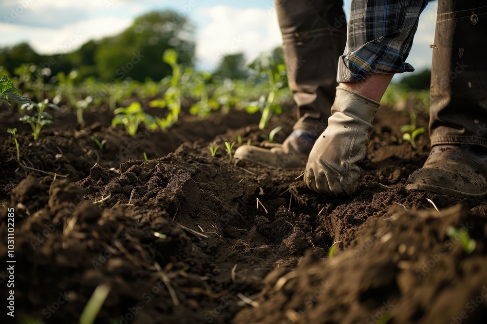 A gardener cultivates fresh vegetables in a flourishing backyard garden during a sunny afternoon in spring A gardener cultivates fresh vegetables in a flourishing backyard garden during a sunny afternoon in spring