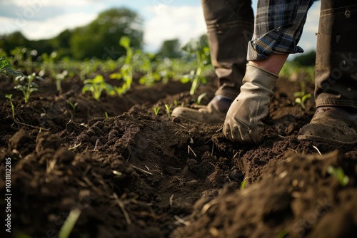 A gardener cultivates fresh vegetables in a flourishing backyard garden during a sunny afternoon in spring