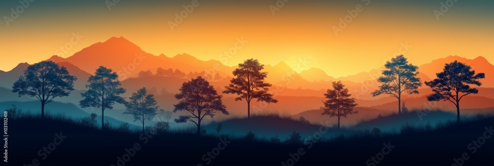 Misty blue mountain landscape with silhouettes of trees in the foreground, illustration Misty blue mountain landscape with silhouettes of trees in the foreground, illustration