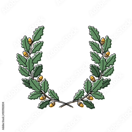 oak wreath, two branches, colorful vector illustration