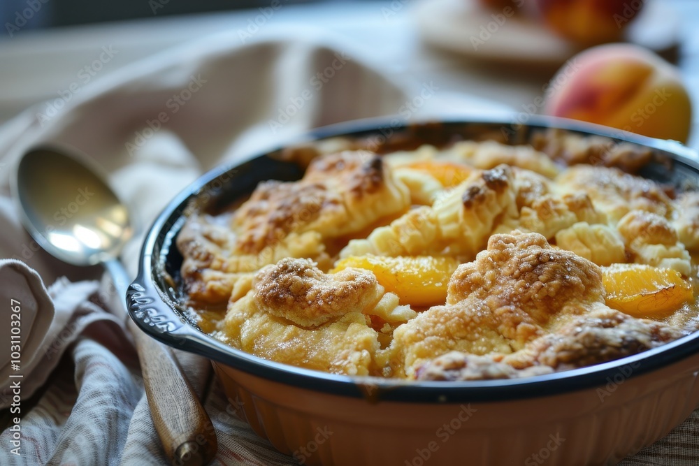 Delicious homemade peach cobbler served warm with golden crust on a rustic table setting, highlighting a cozy kitchen atmosphere with fresh peaches nearby Delicious homemade peach cobbler served warm with golden crust on a rustic table setting, highlighting a cozy kitchen atmosphere with fresh peaches nearby