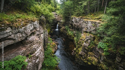 A cascading waterfall flows through a narrow, rocky canyon, surrounded by lush green trees.