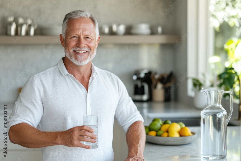 A cheerful older man holds a glass of water while smiling in a sleek, modern kitchen with fresh fruit on the counter, evoking a sense of health and vitality. A cheerful older man holds a glass of water while smiling in a sleek, modern kitchen with fresh fruit on the counter, evoking a sense of health and vitality.