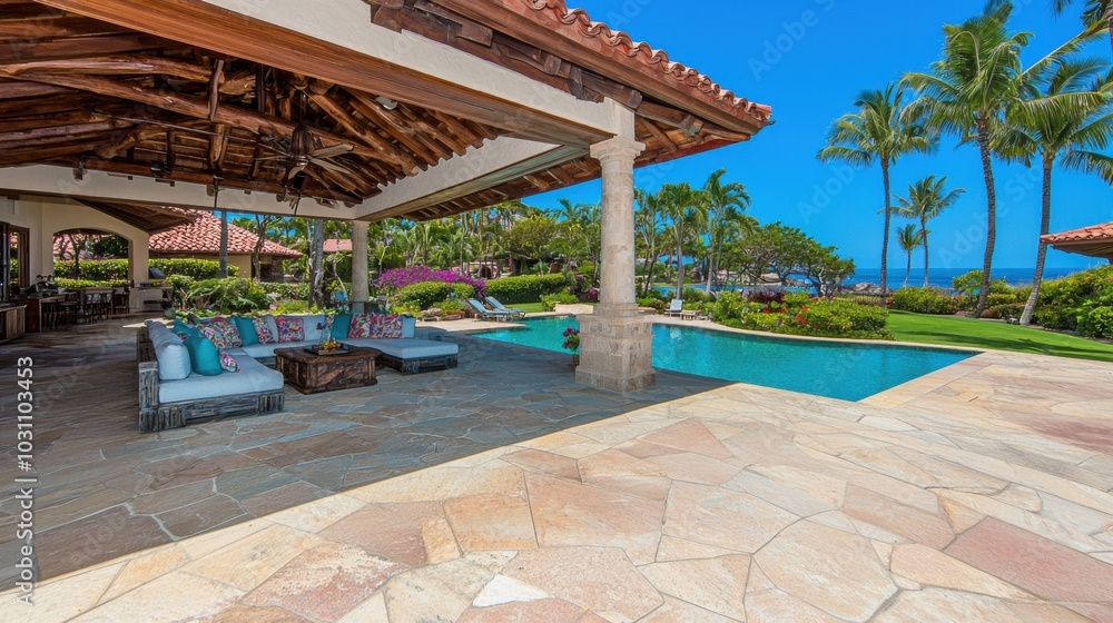 Fototapeta premium Luxurious Tropical Villa with Pool and Scenic Garden View