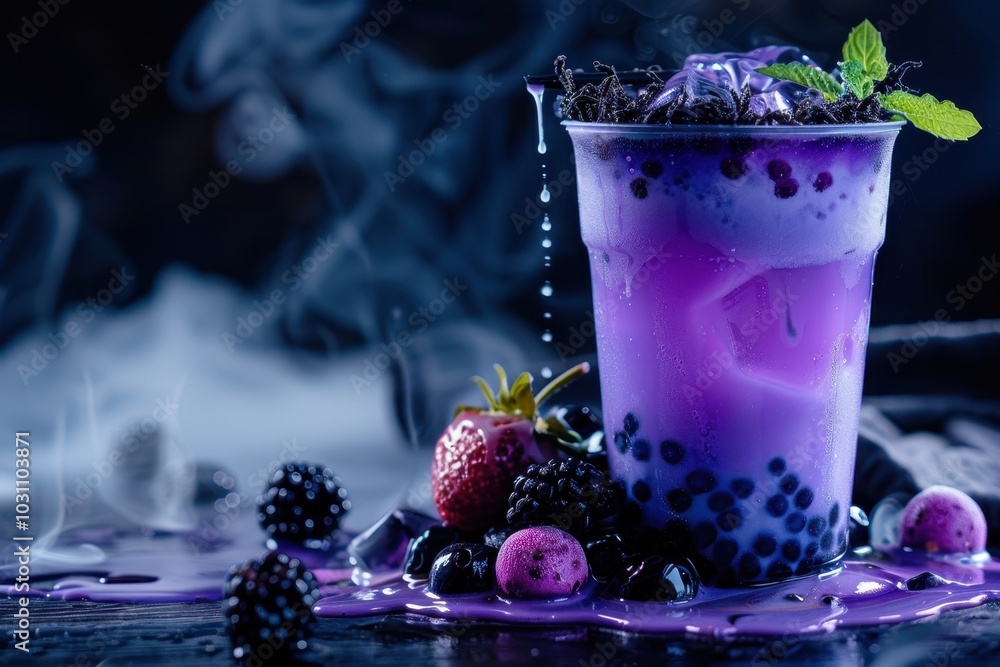 A vibrant purple drink garnished with mint and various berries sits on a dark table, creating an enchanting atmosphere with swirling smoke around it A vibrant purple drink garnished with mint and various berries sits on a dark table, creating an enchanting atmosphere with swirling smoke around it