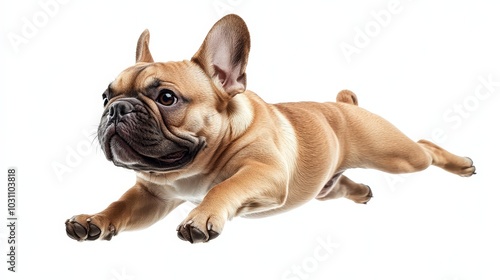 Majestic French Bulldog Soaring in High-Quality Hyperealistic Stock Photograph with Studio Lighting on White Background