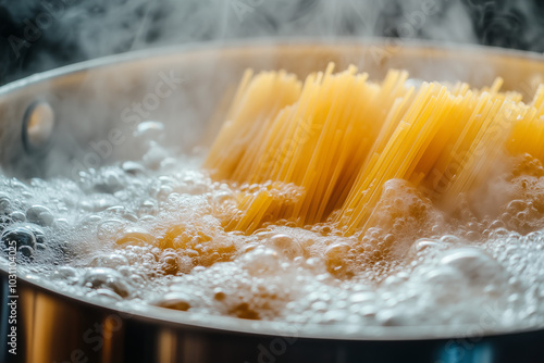 Hot cooking pasta spaghetti in boiling water close up detail in steel pot gas stove burner on kitchen, culinary preparation for meal and recipe concept background. photo