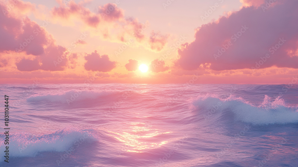 Fototapeta premium Experience a Vibrant Sunset Over the Tranquil Ocean Waves that surround the serene beach