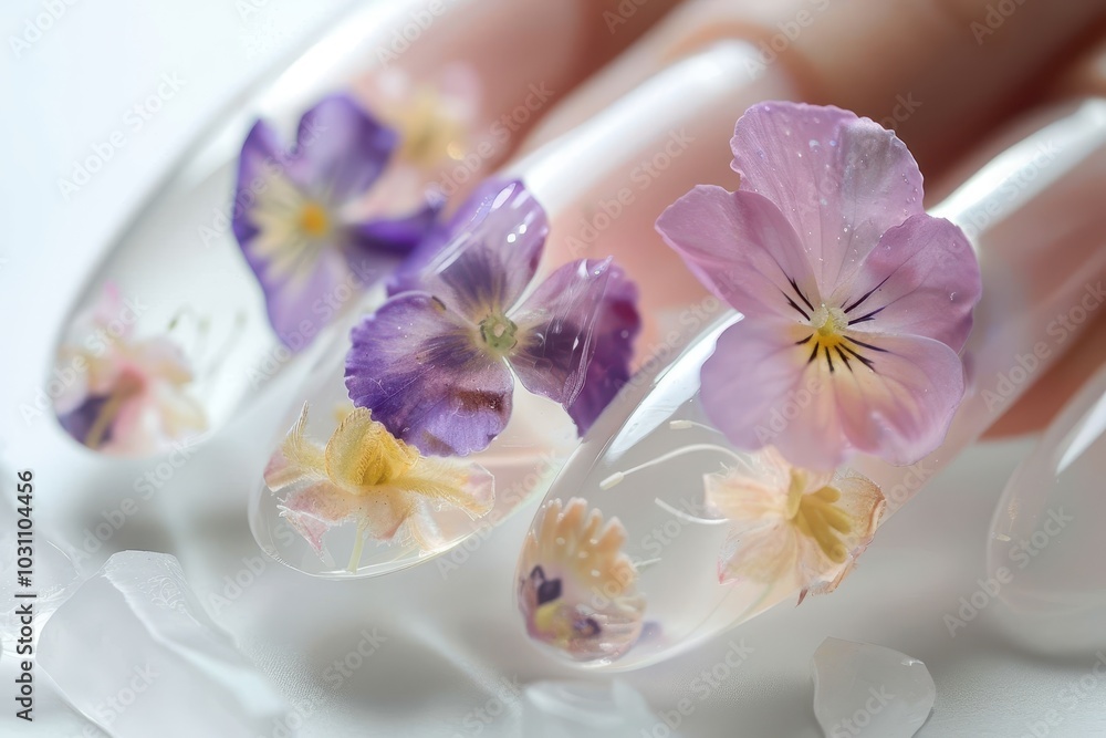 Beautifully crafted long nails featuring embedded colorful flowers and greenery, showcasing a unique nature-inspired design captured in bright, natural lighting Beautifully crafted long nails featuring embedded colorful flowers and greenery, showcasing a unique nature-inspired design captured in bright, natural lighting