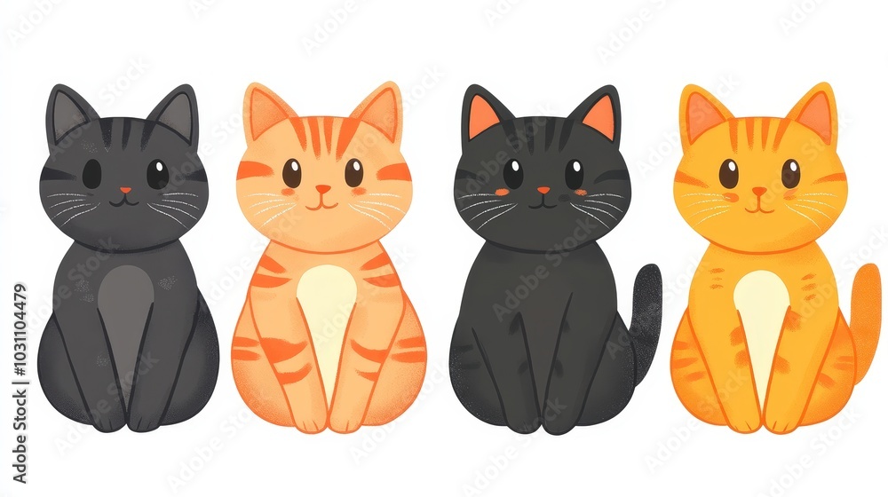 Obraz premium Whimsical Tabby Cat Clipart Set - Set of 4 Simple Colorful Cat Illustrations on White Background for Cute Designs and Projects