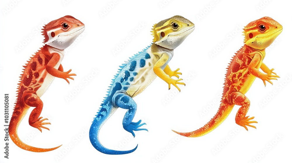 Naklejka premium Set of 4 Simple Color Bearded Dragon Clipart on White Background - Cute and Versatile Reptile Illustrations for Designs