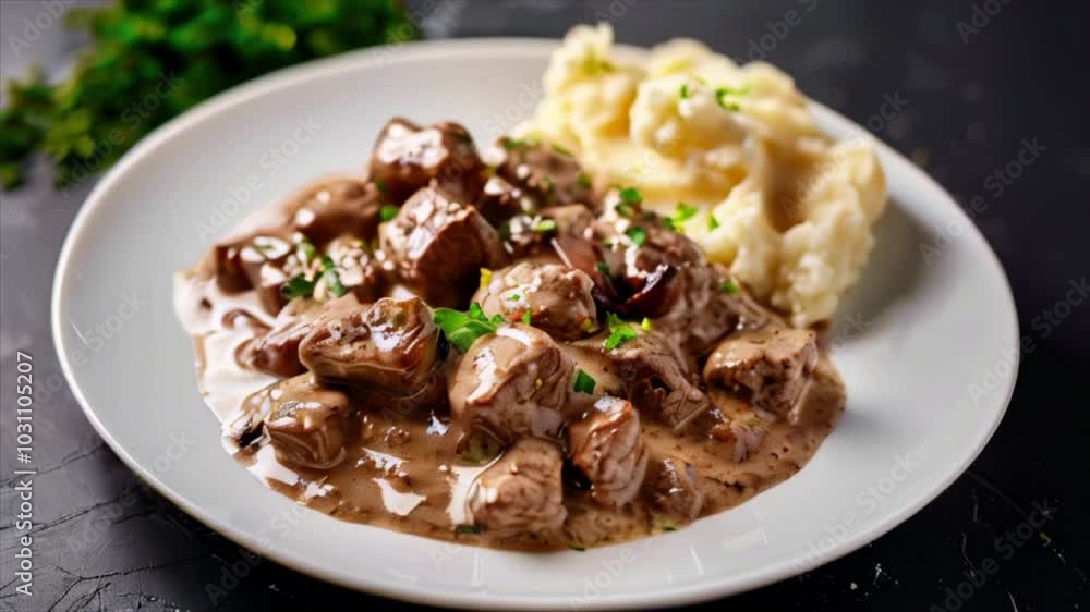 Beef stroganoff dish with gravy and mashed potatoes on white plate on black table Beef stroganoff dish with gravy and mashed potatoes on white plate on black table