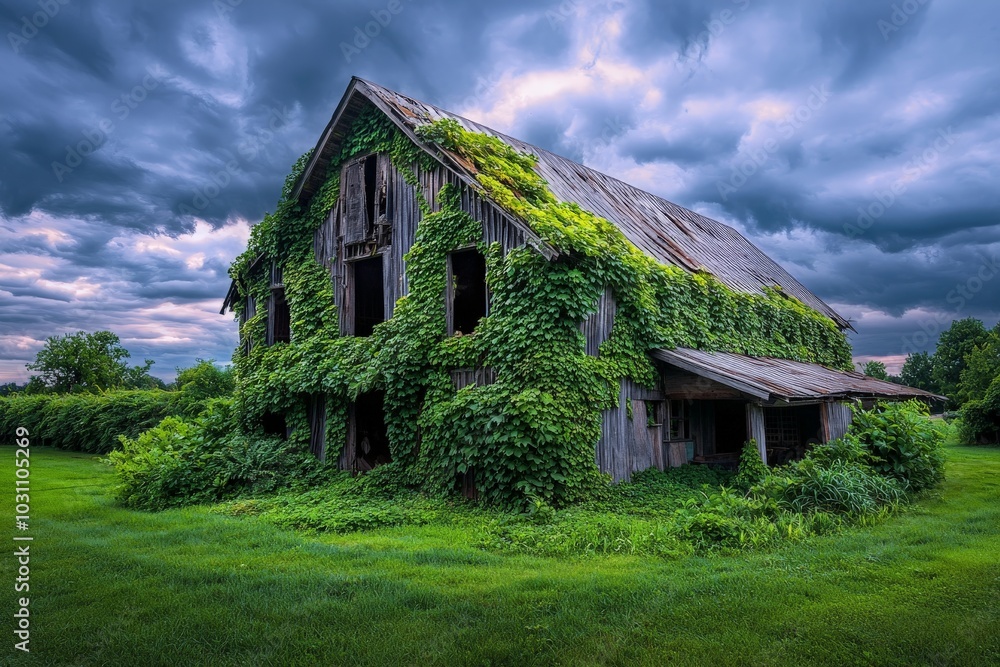 Fototapeta premium Abandoned Barn Overtaken by Wild Vines and Plants