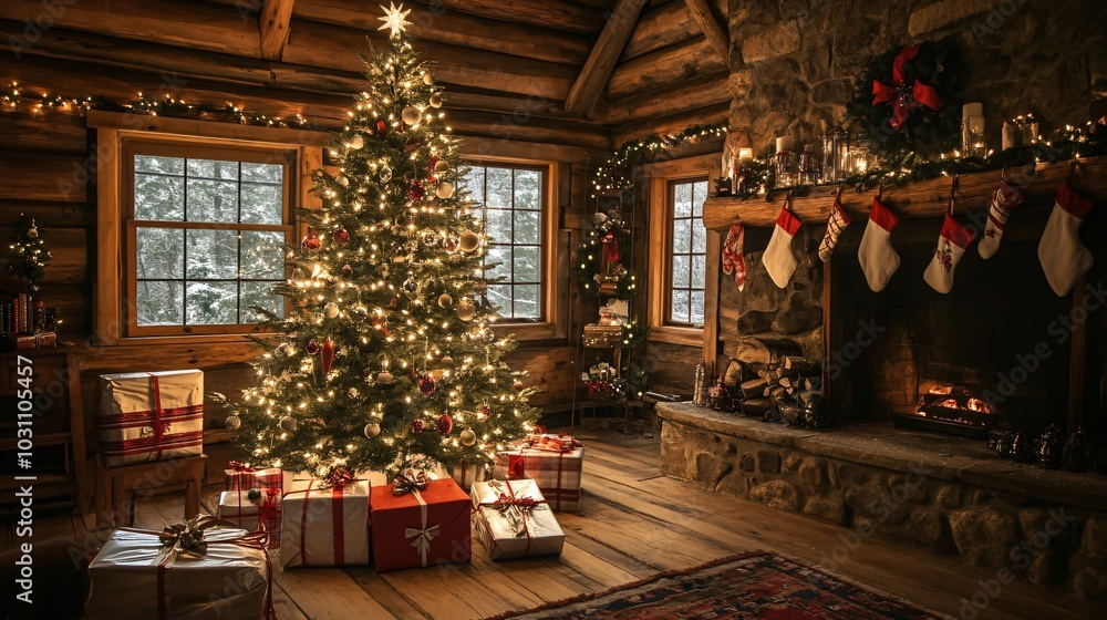 Festive Christmas tree decorated with glowing lights and ornaments in a cozy living room, with gifts underneath, copy space —ar 16:9 Festive Christmas tree decorated with glowing lights and ornaments in a cozy living room, with gifts underneath, copy space —ar 16:9