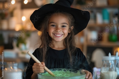 A joyful young girl in a black witch outfit stirs a green liquid in a bowl, capturing a delightful moment accented by twinkling lights and a warm atmosphere. photo