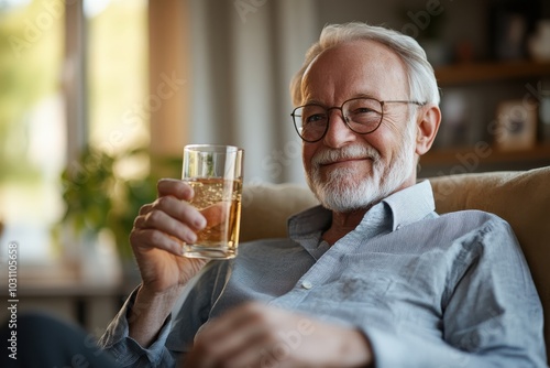 An elderly man in glasses smiles warmly while holding a drink, sitting indoors in a cozy setting, representing joy, comfort, and a relaxed atmosphere.