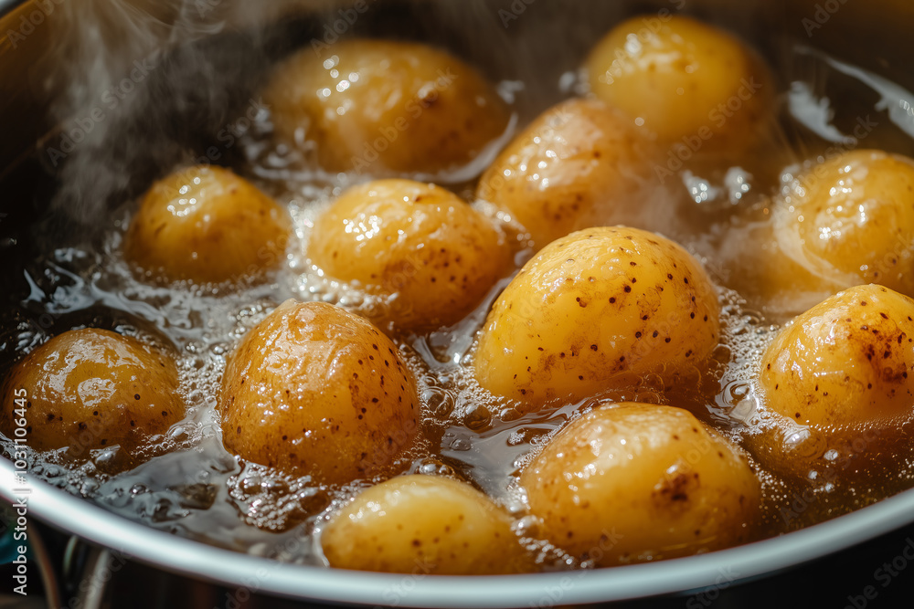 Hot cooking potatoes in boiling water close up detail in steel pot gas stove burner on kitchen, culinary preparation for meal and recipe concept background. Hot cooking potatoes in boiling water close up detail in steel pot gas stove burner on kitchen, culinary preparation for meal and recipe concept background.