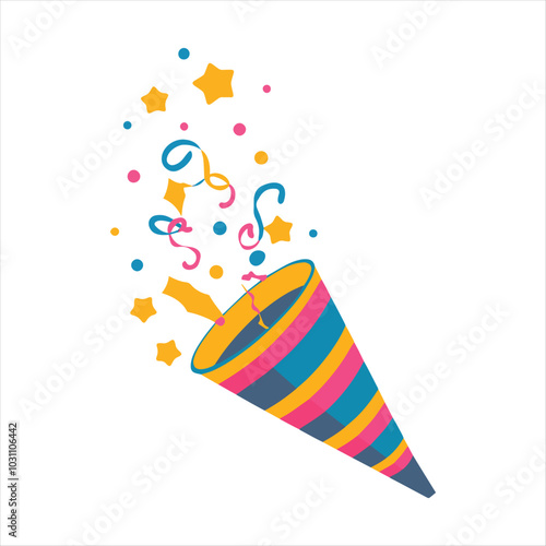 Vector illustration of an exploding party popper with confetti. A bright and fun cartoon design perfect for birthday celebrations.