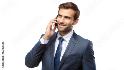 Smiling businessman talking on smartphone  isolated on transparent or white background.