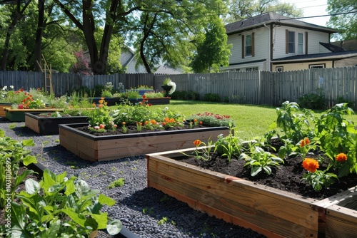 Vibrant community garden with colorful flower beds and fresh vegetables growing in raised planters during a sunny afternoon in a neighborhood