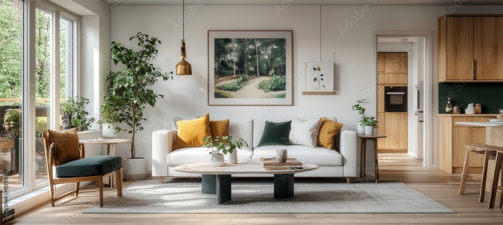 Modern, Minimalist Living Room Interior with Sofa, Indoor Plants, and Natural Lighting. Modern, Minimalist Living Room Interior with Sofa, Indoor Plants, and Natural Lighting.