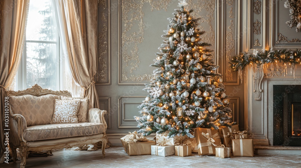 Festive Christmas tree decorated with glowing lights and ornaments in a cozy living room, with gifts underneath, copy space Festive Christmas tree decorated with glowing lights and ornaments in a cozy living room, with gifts underneath, copy space