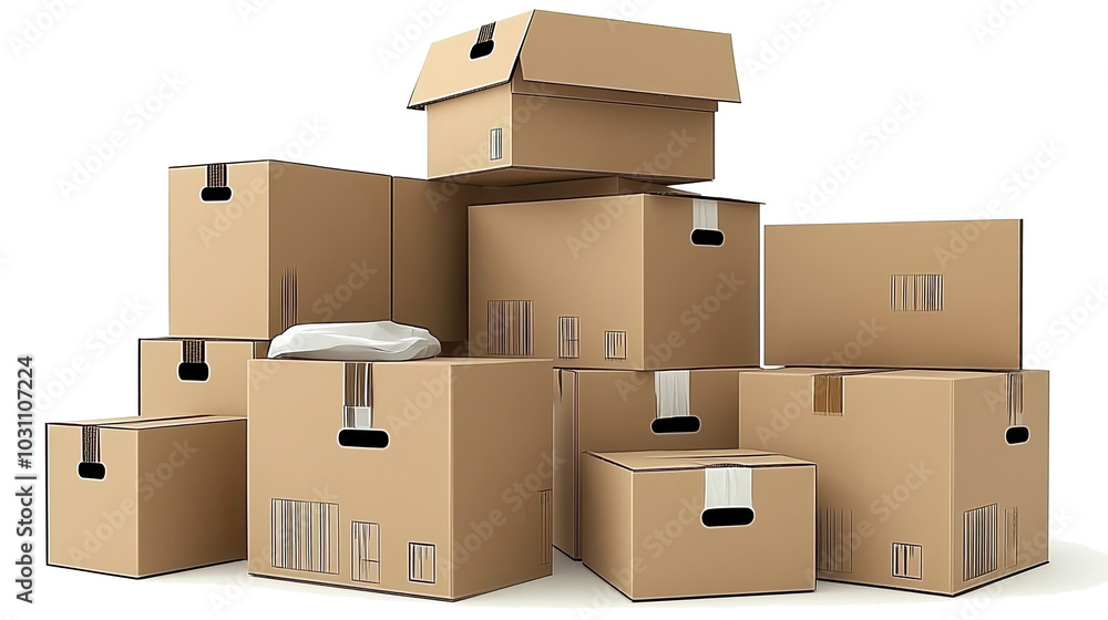 Set of Assorted Cardboard Boxes Stacked on a White Background Generative AI Set of Assorted Cardboard Boxes Stacked on a White Background Generative AI