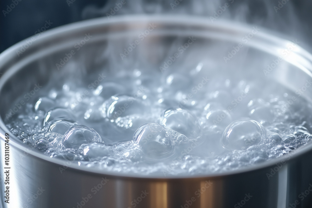 Hot boiling bubbling liquid water in steel pot gas stove burner on kitchen, steam rising close up detail. Cooking concept background. Hot boiling bubbling liquid water in steel pot gas stove burner on kitchen, steam rising close up detail. Cooking concept background.