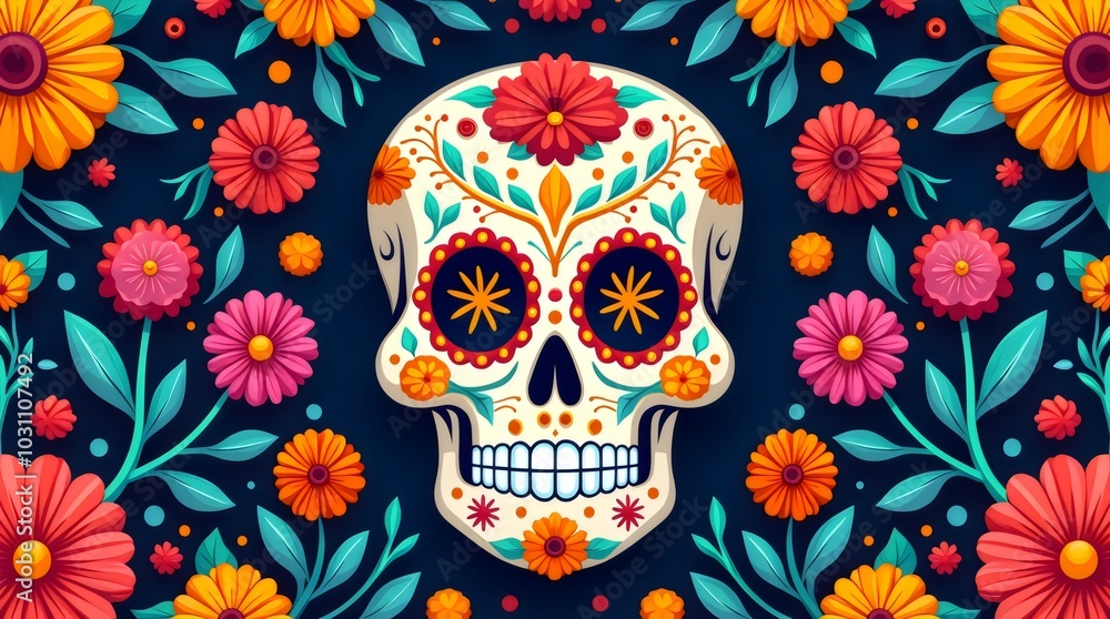 Día de los Muertos background template with calavera, floral designs, and candles Día de los Muertos background template with calavera, floral designs, and candles