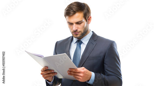 Young professional man reading a report with focused expression, isolated on transparent or white background. photo